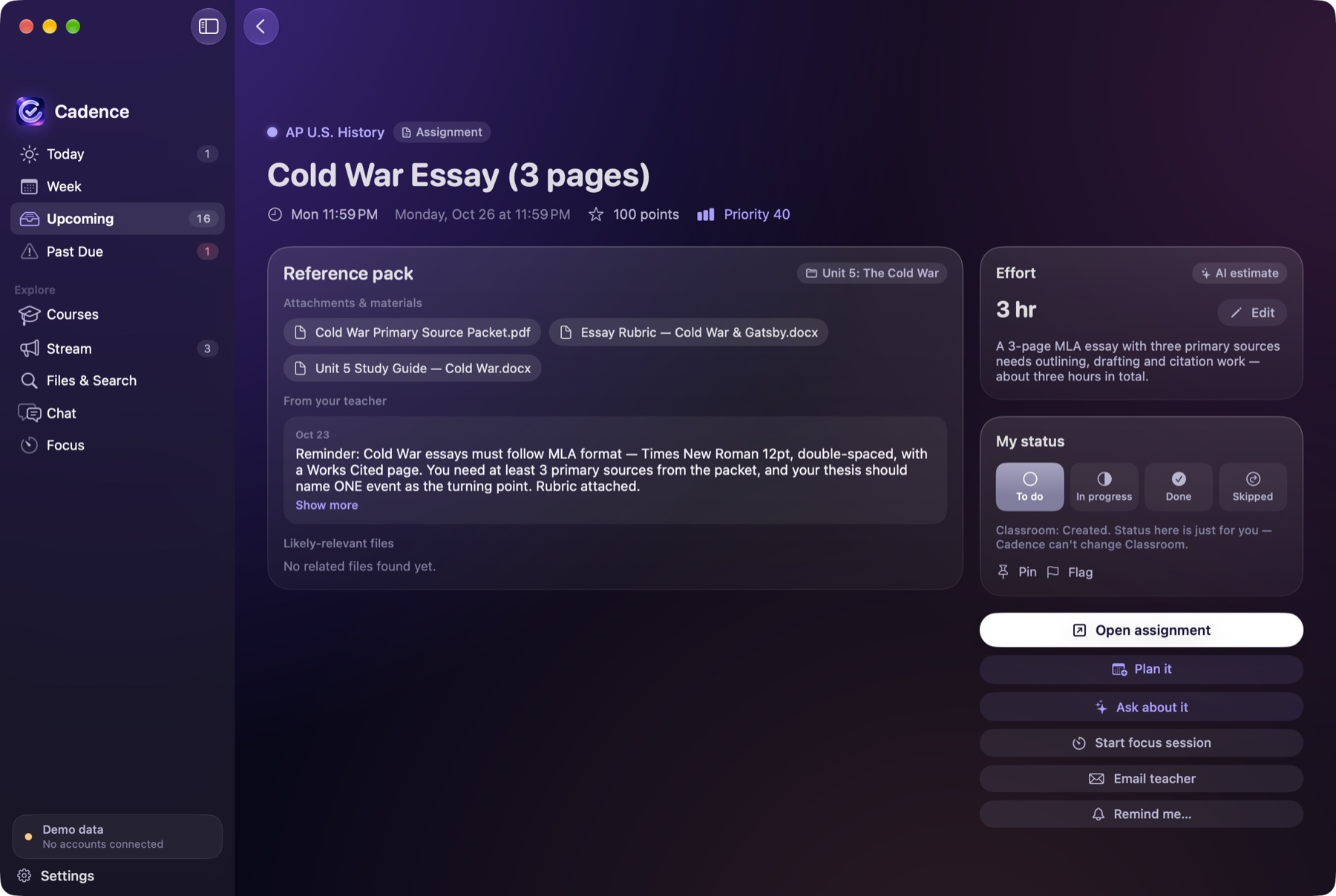 An assignment's detail page with a summary and estimated time.