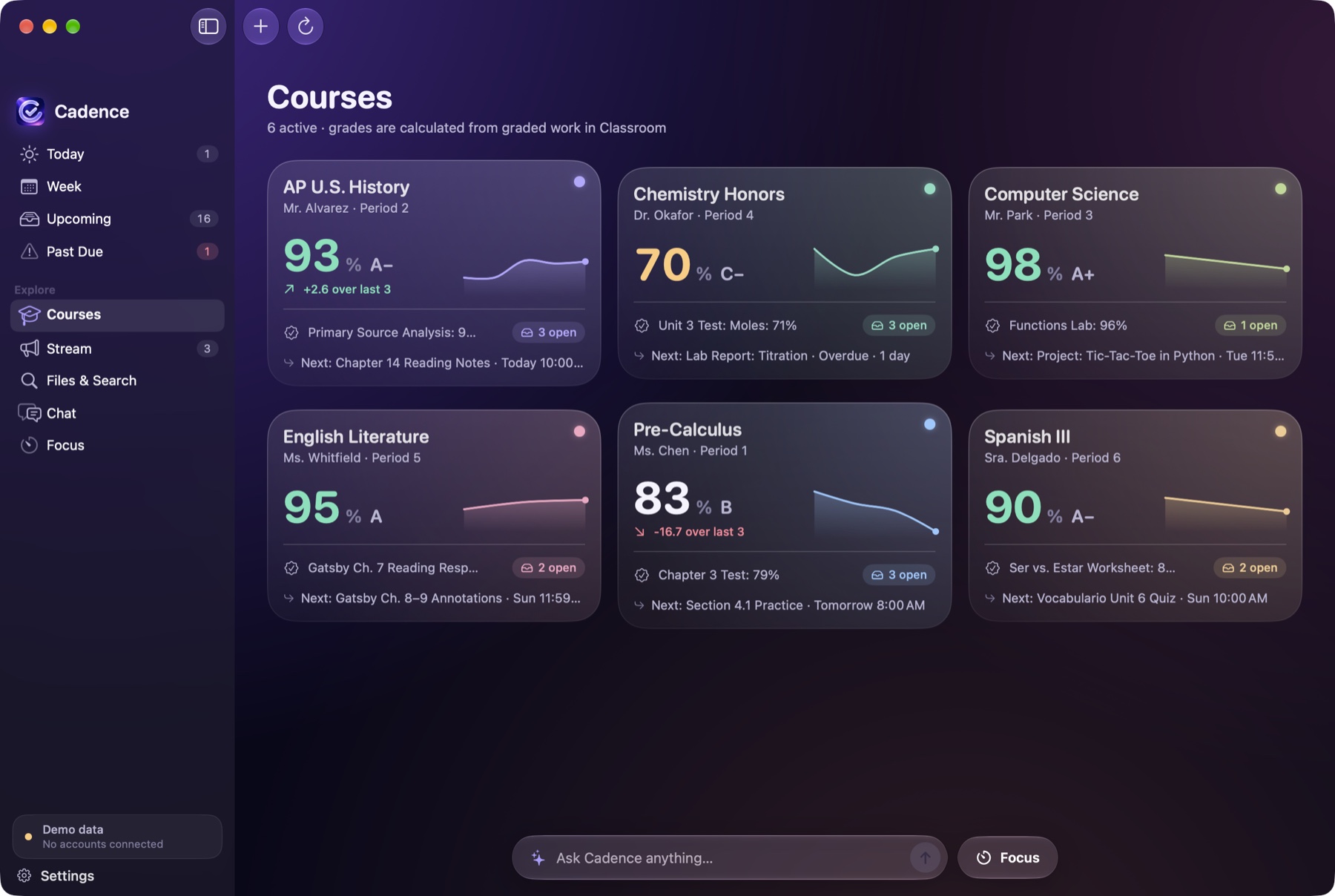 The Courses screen with a card for each class.