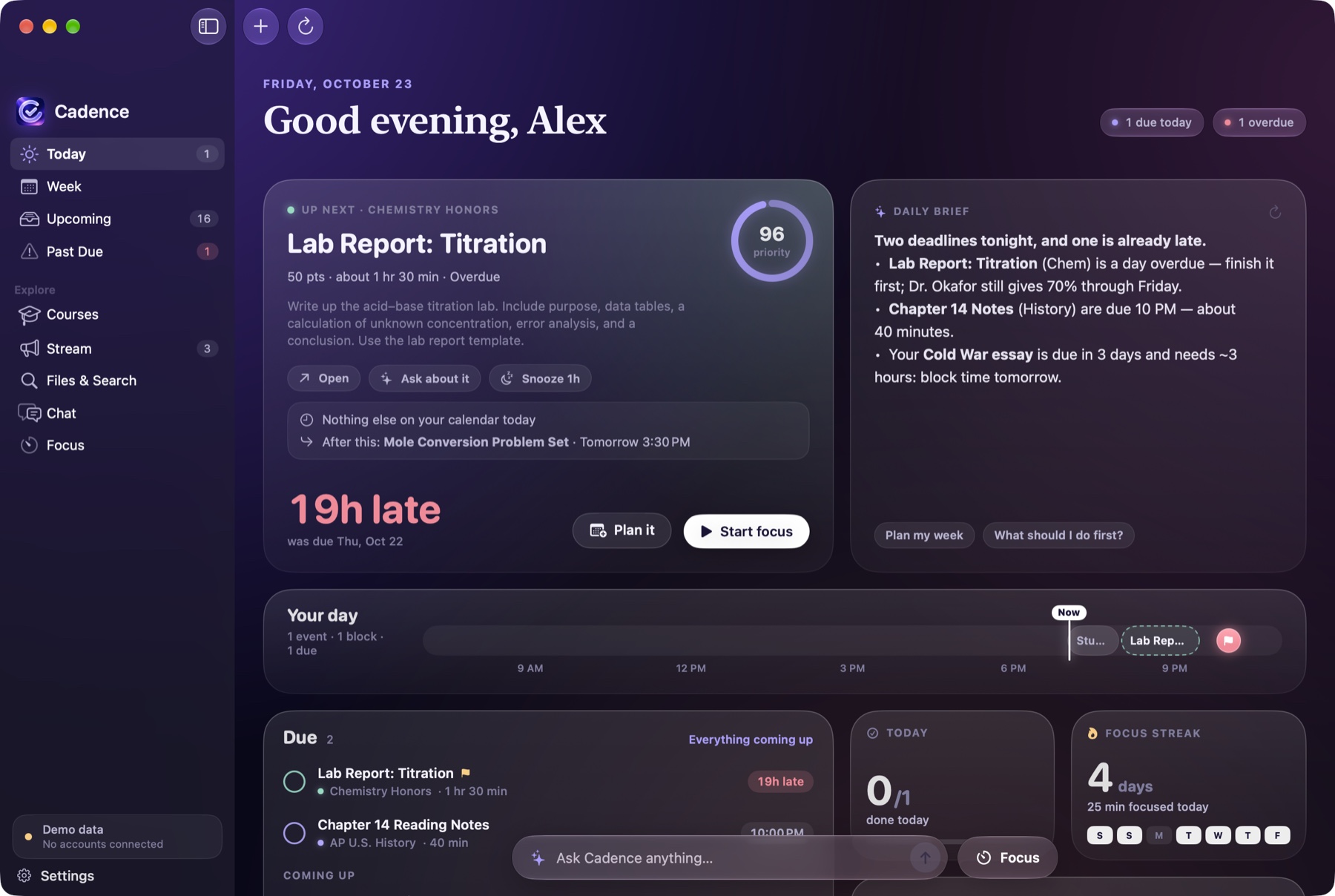 Cadence’s Today screen: a ranked next task, a daily brief, and a timeline of the day.