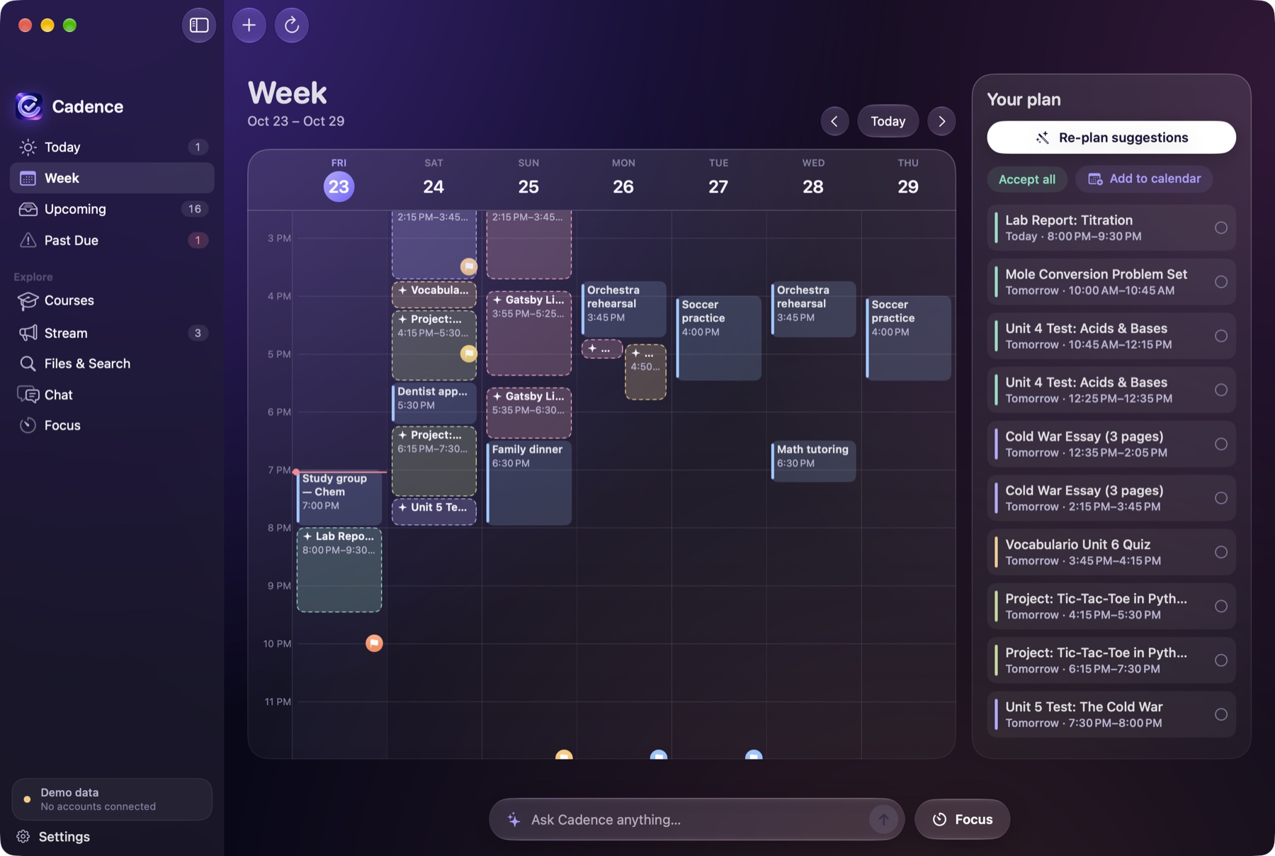 Cadence’s week view with study blocks placed around events.